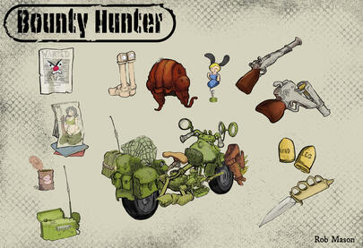 "Inventory Project" I had to design the items used by a bounty hunter that shows off his environment and personality